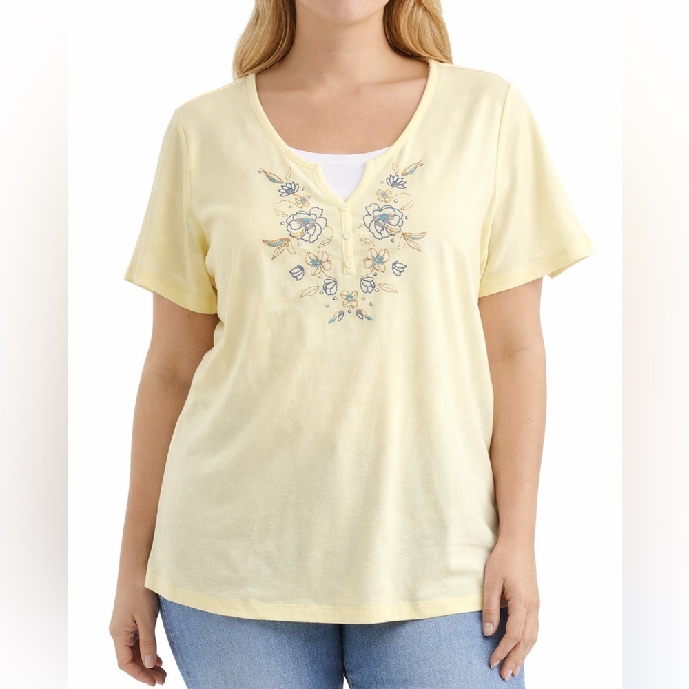 Basic Editions Yellow Floral Embroidered Top 1X Plus Size - Picture 1 of 9